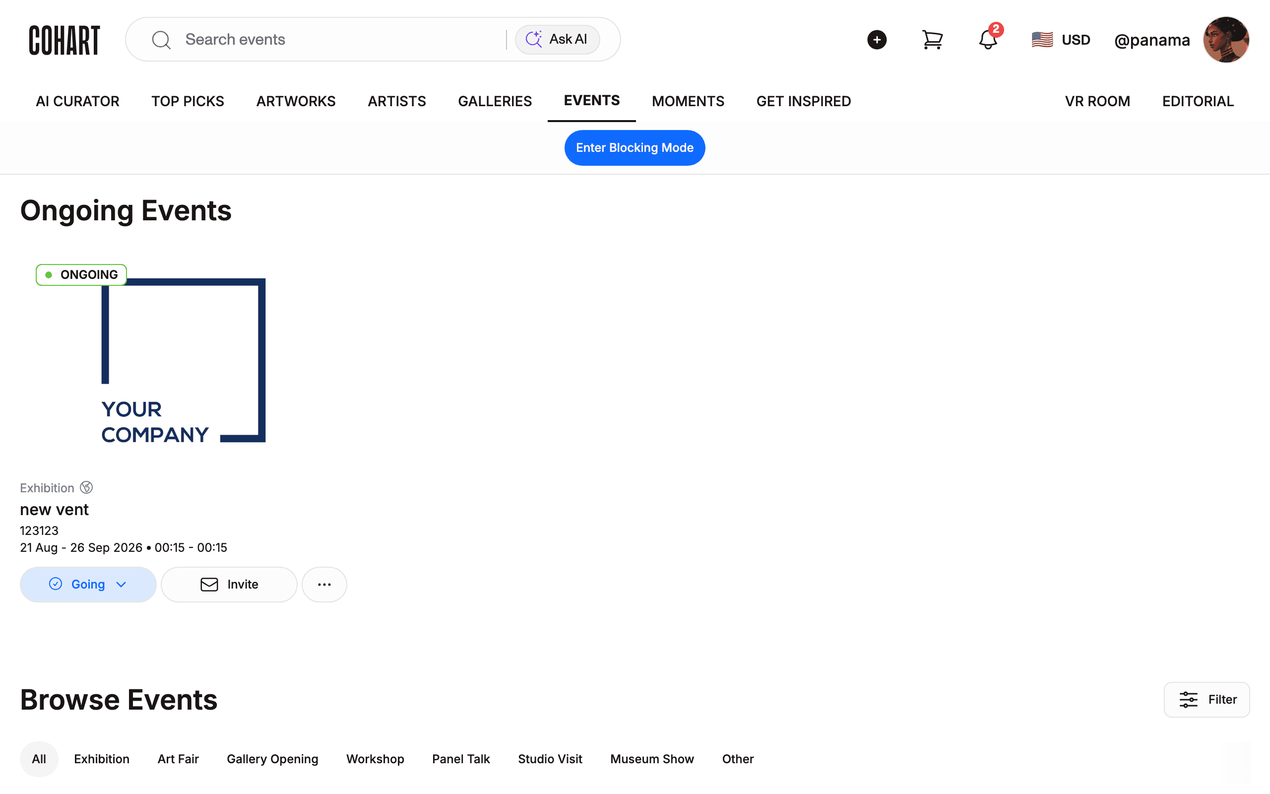 Browse EVENTS with Ongoing Events and type filters