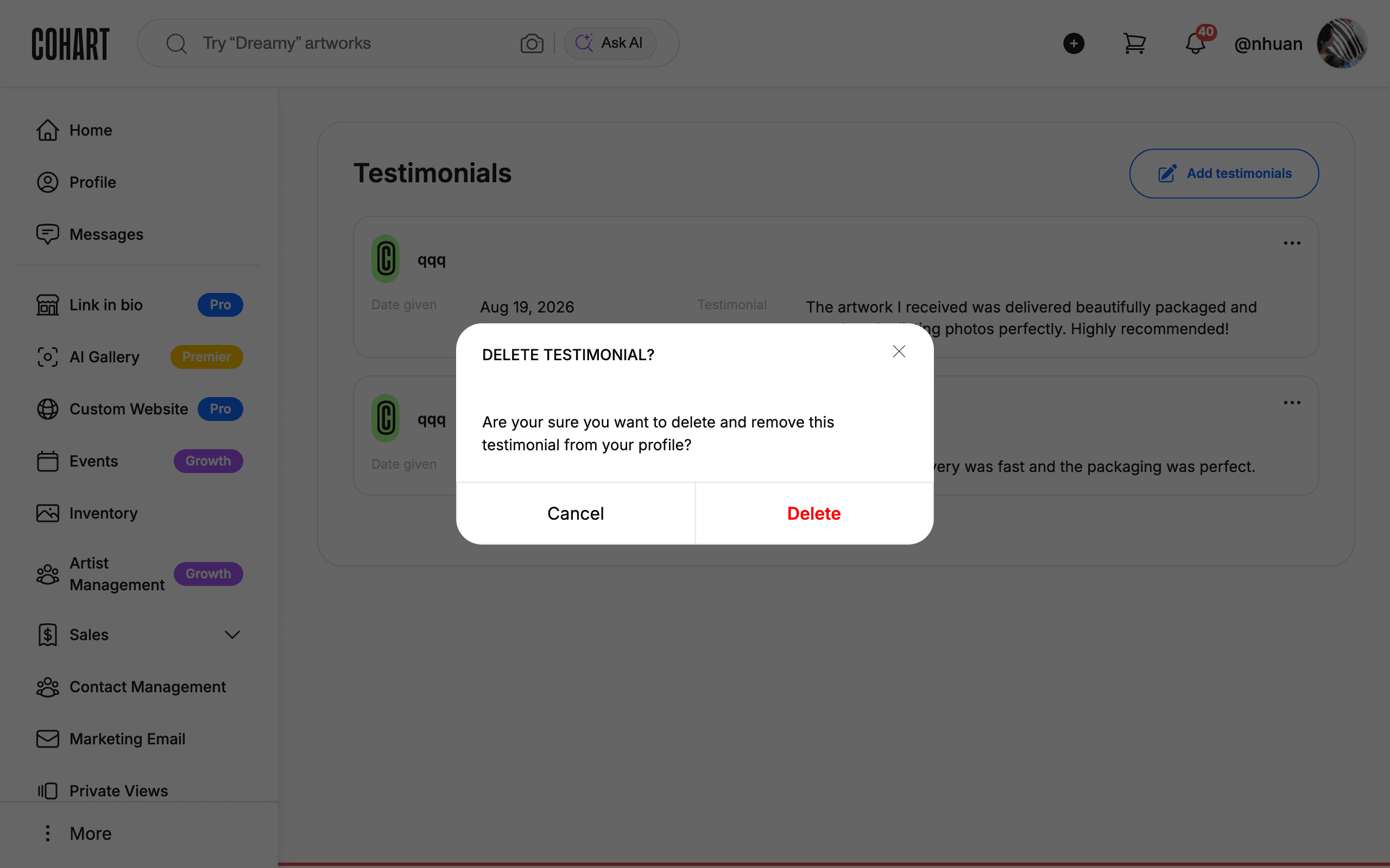 Delete a testimonial (confirmation dialog)