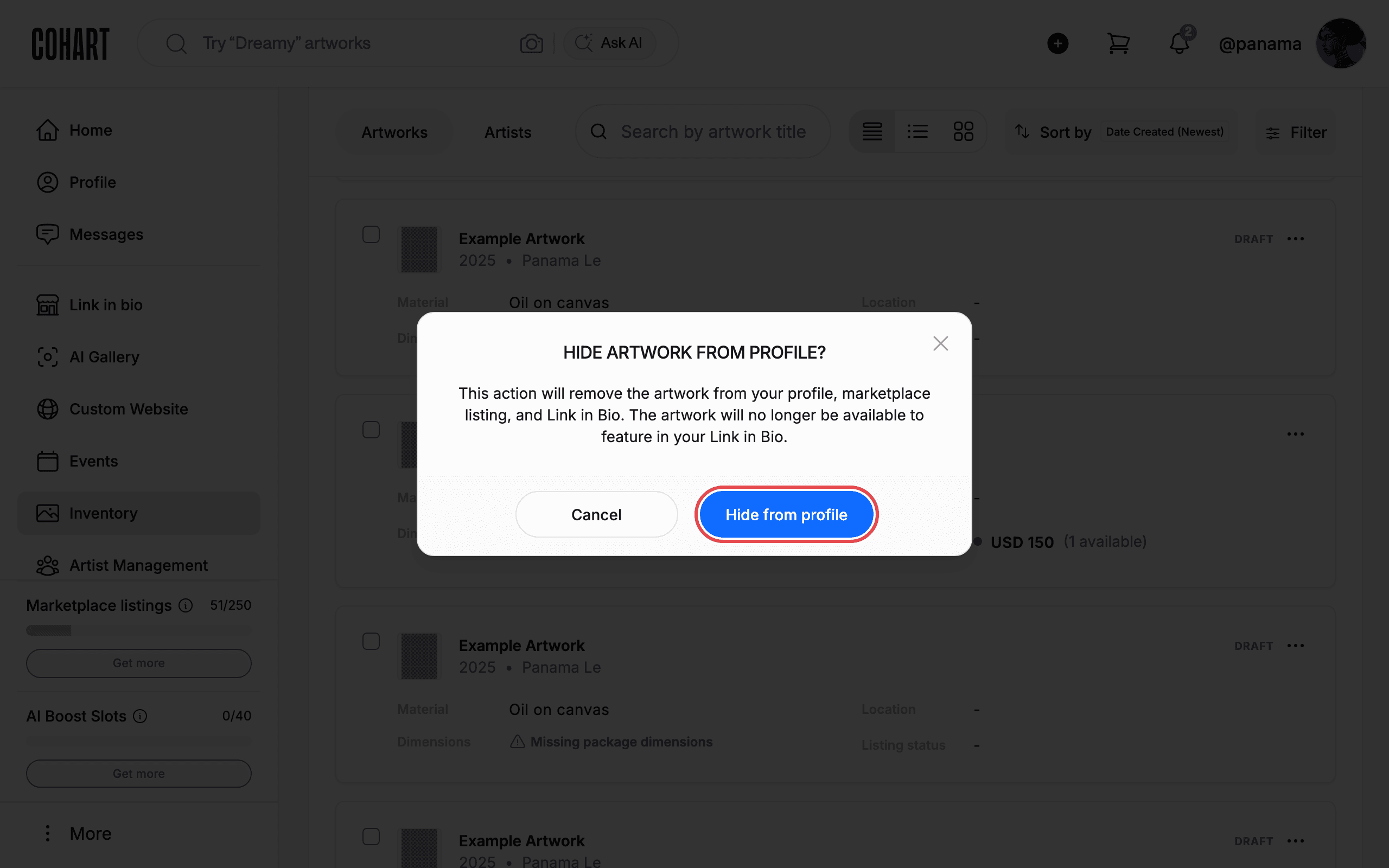 Hide the artwork from your profile