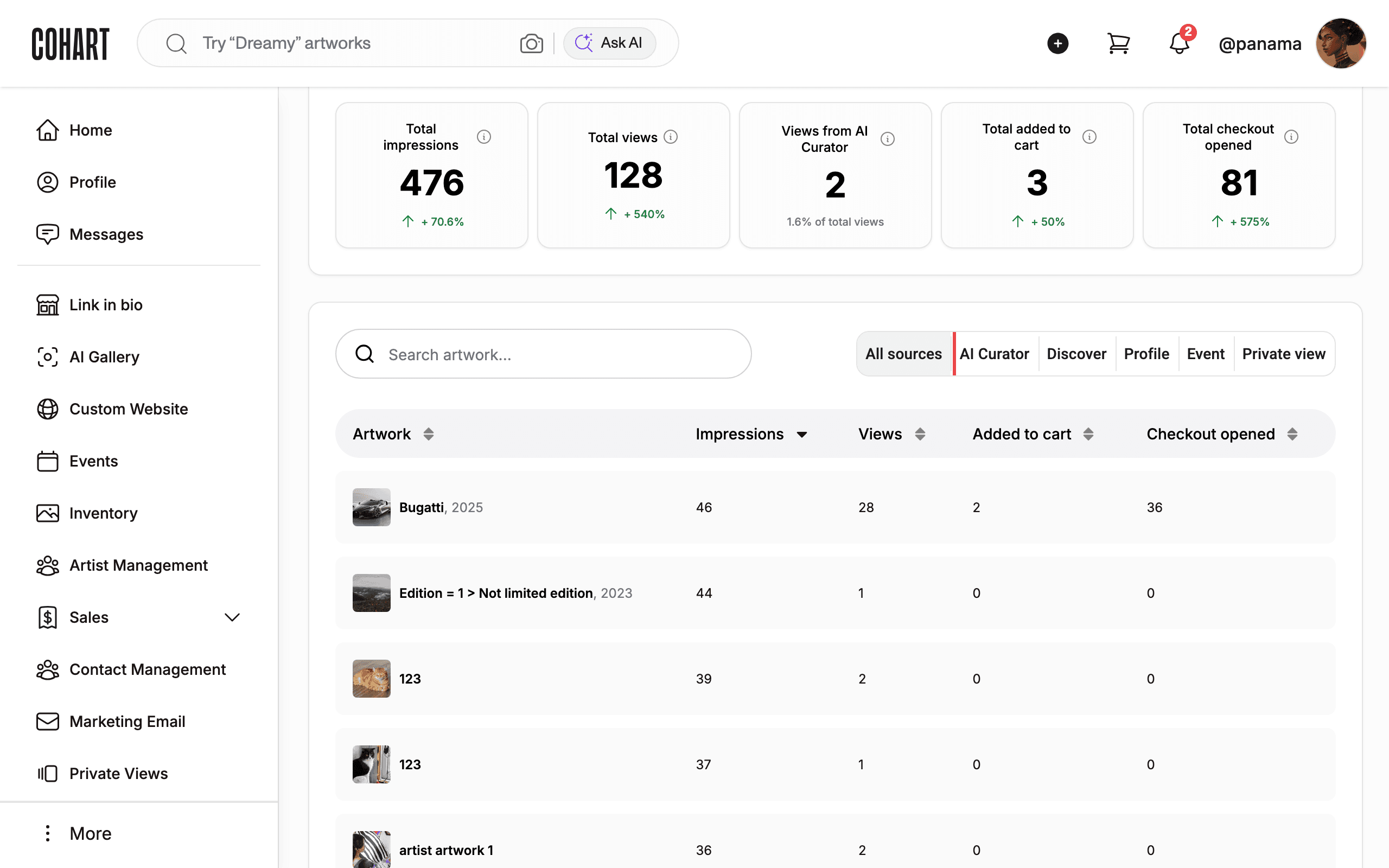 Read the per-artwork metrics columns