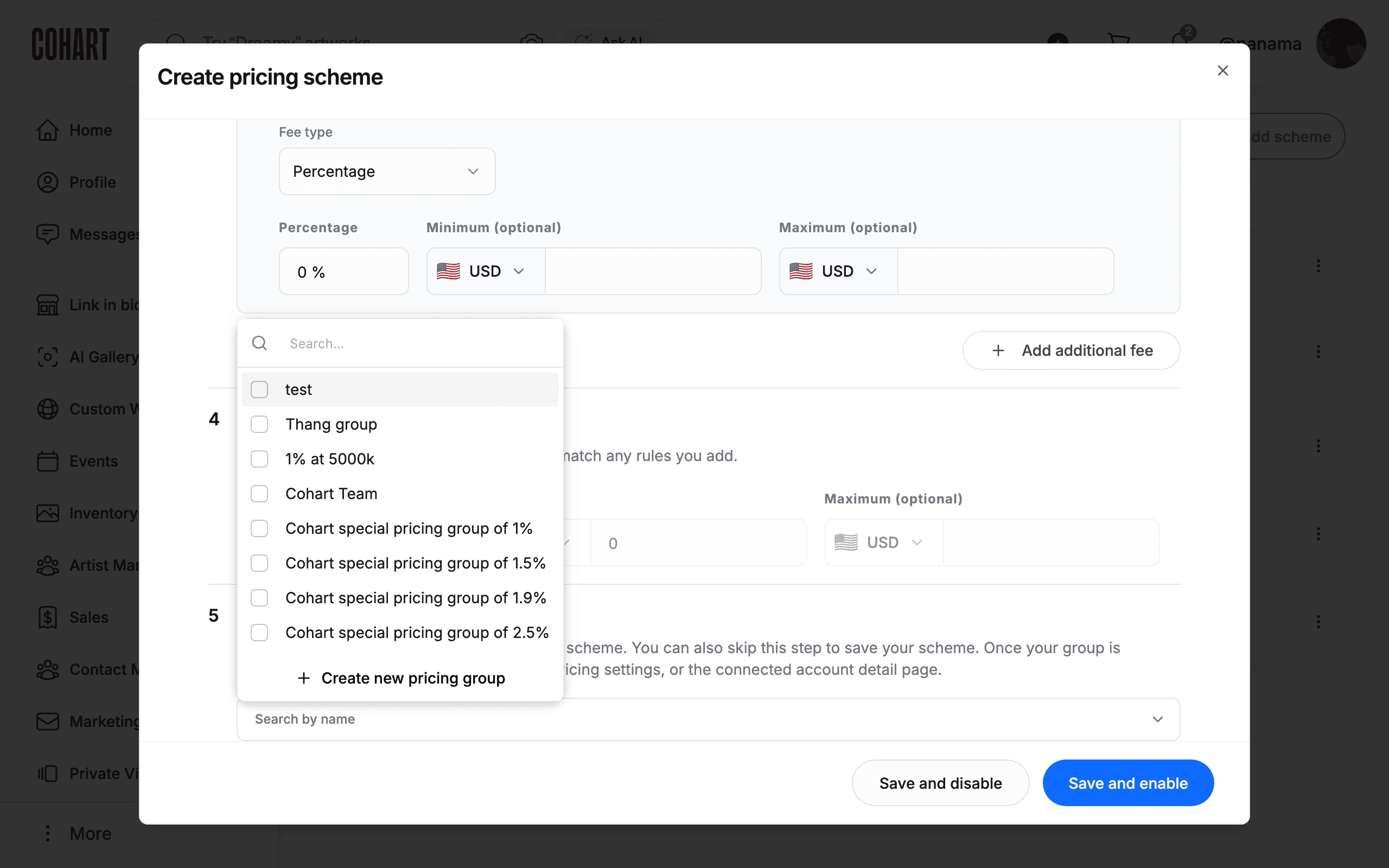 The group checklist with search and Create new pricing group