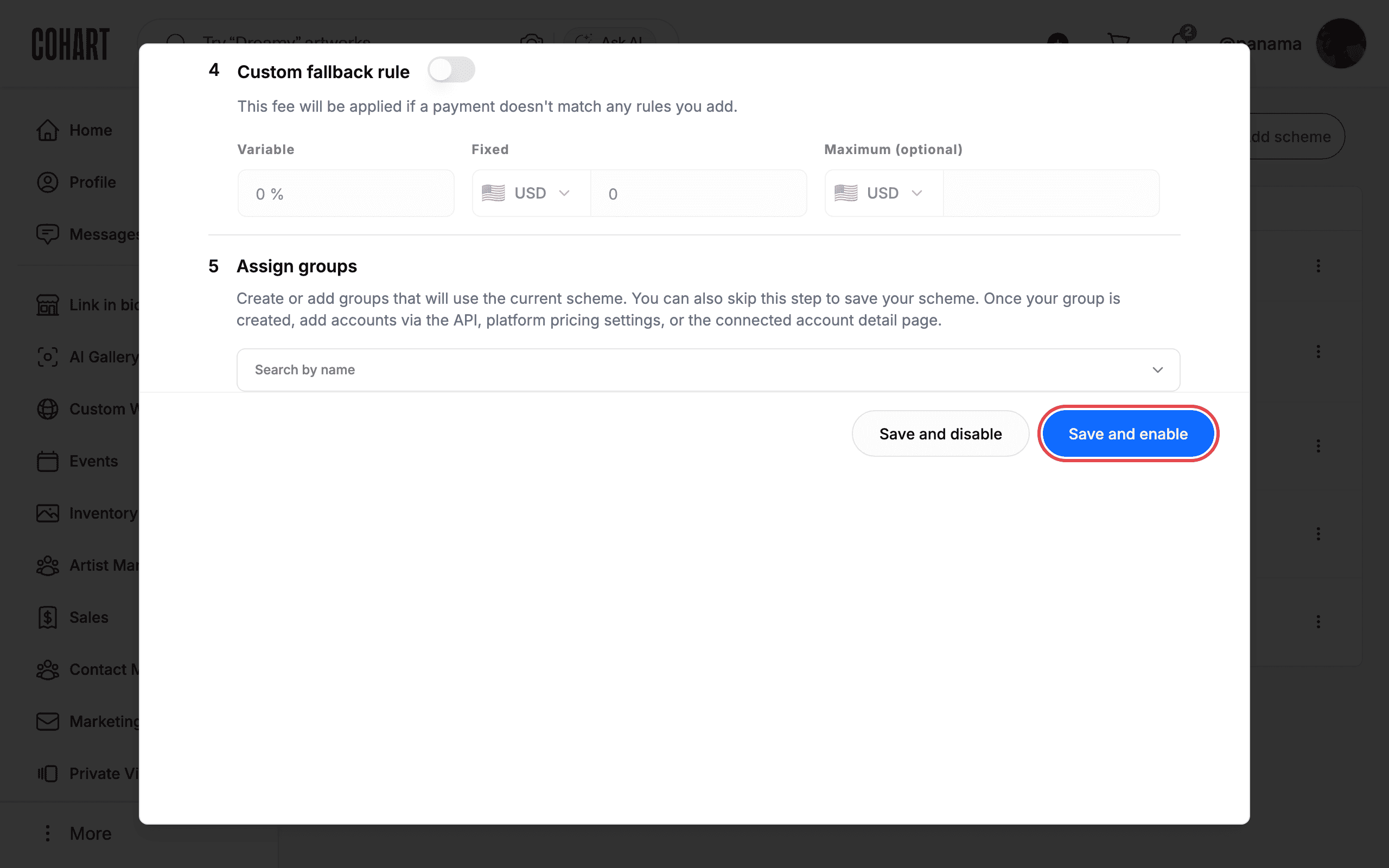 Save and disable, Save and enable, and Close